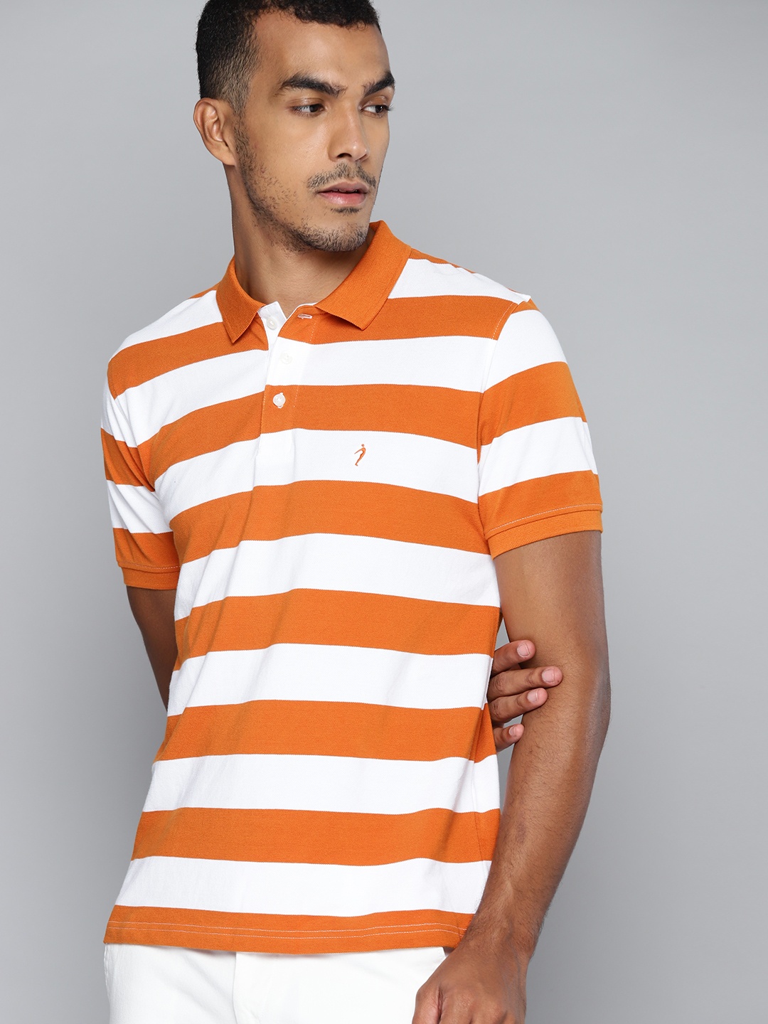 

Indian Terrain Men Orange & White Striped Polo Collar Pure Cotton T-shirt