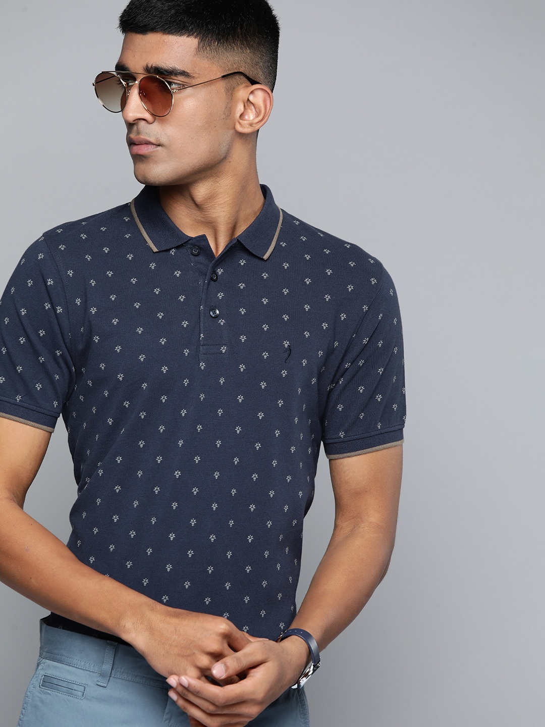 

Indian Terrain Men Floral Printed Polo Collar Pure Cotton T-shirt, Navy blue