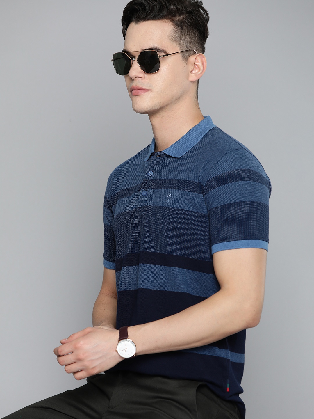 

Indian Terrain Striped Polo Collar Pure Cotton T-shirt, Navy blue