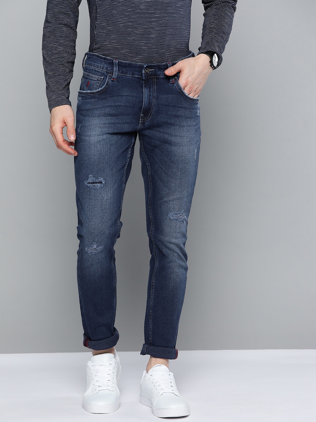 

Indian Terrain Men Navy Blue Low Distressed Light Fade Stretchable Jeans