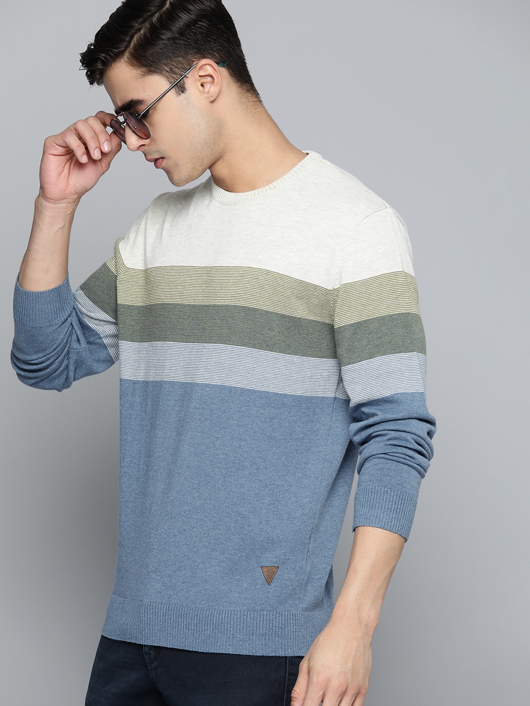 

Indian Terrain Men Blue & Off White Striped Regular Fit Pullover