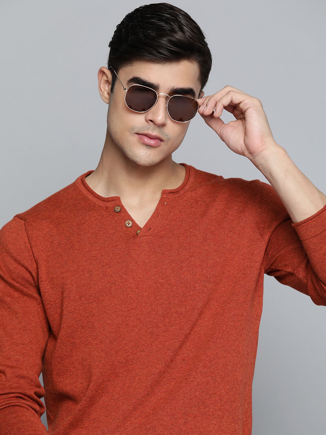 

Indian Terrain Men Rust Red Solid Henley Neck Regular Fit Pullover