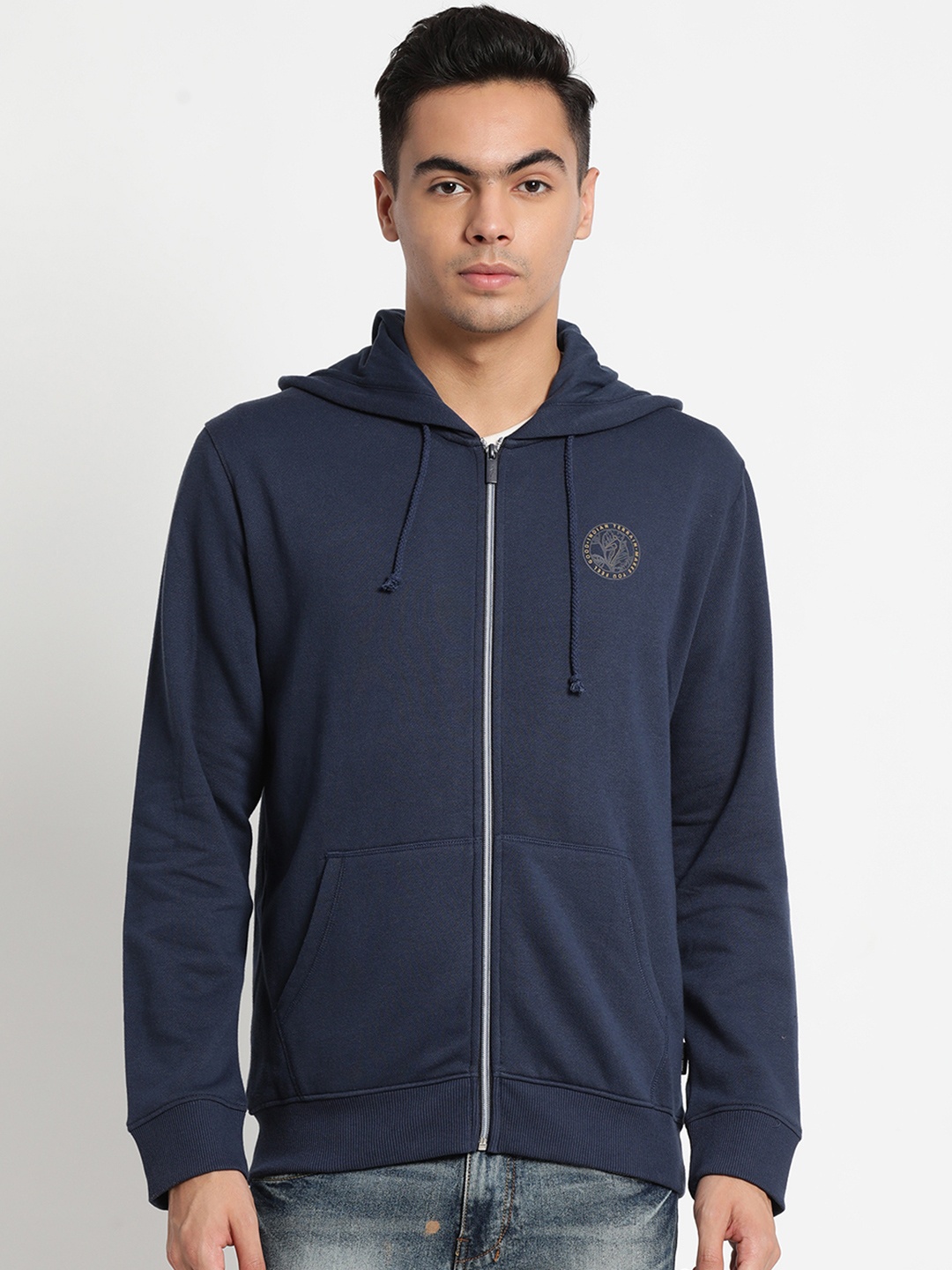 

Indian Terrain Men Navy Blue Solid Hooded Sweatshirt