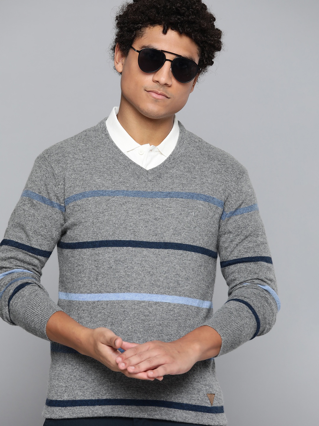 

Indian Terrain Men Grey & Blue Striped V-Neck Pullover