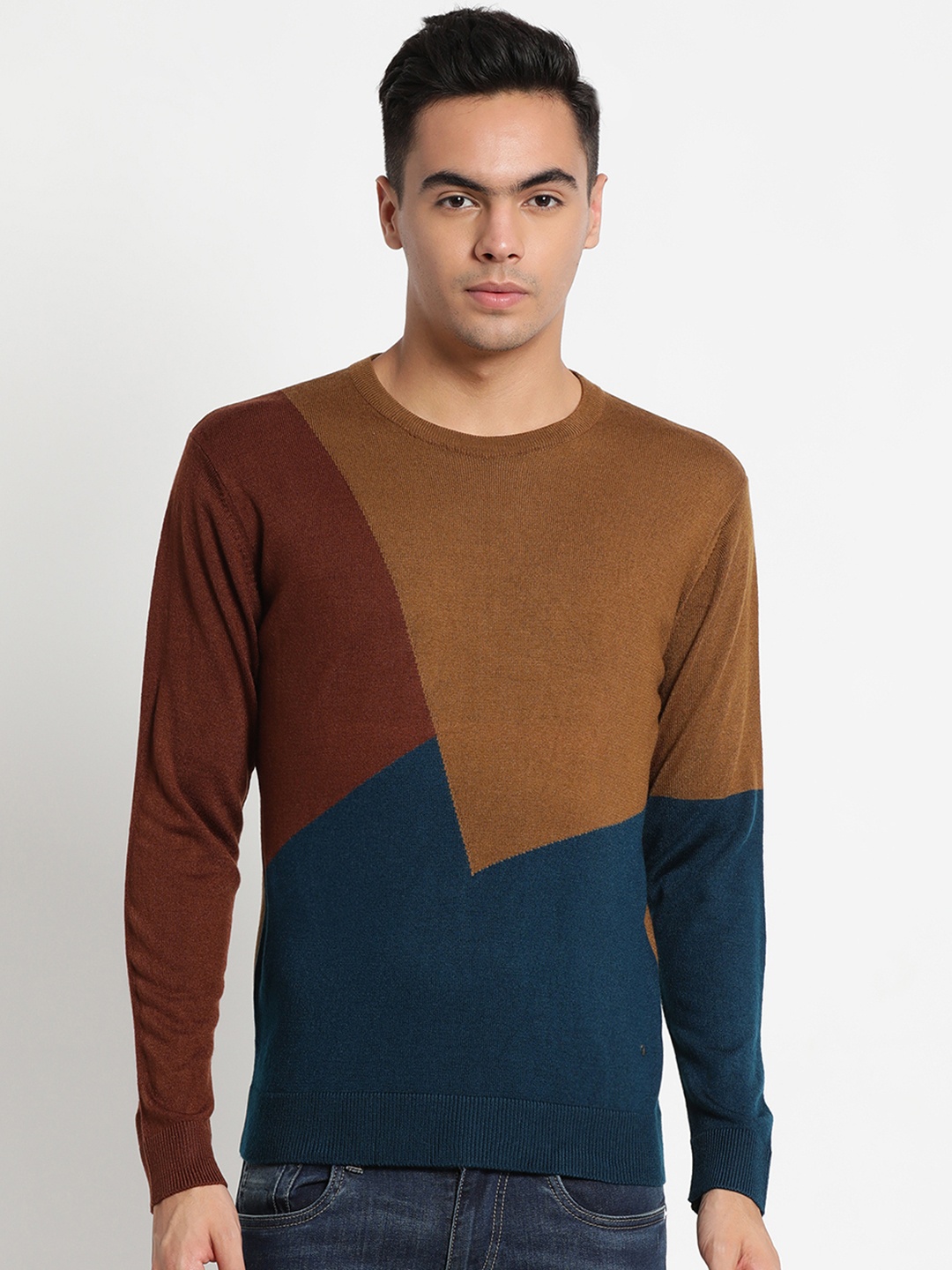 

Indian Terrain Men Brown & Teal Blue Colourblocked Acrylic Sweater