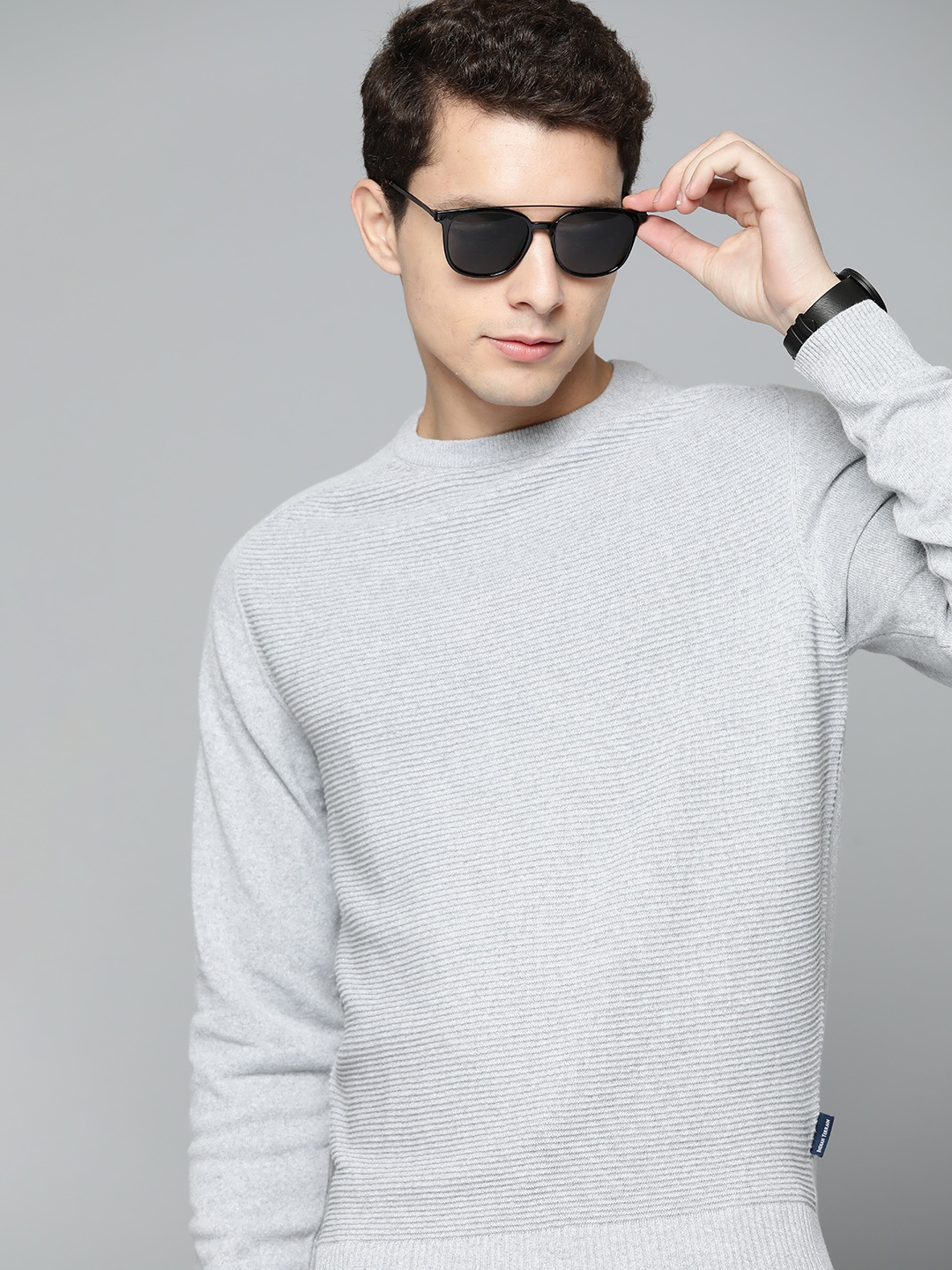 

Indian Terrain Men Grey Self-Striped Pullover