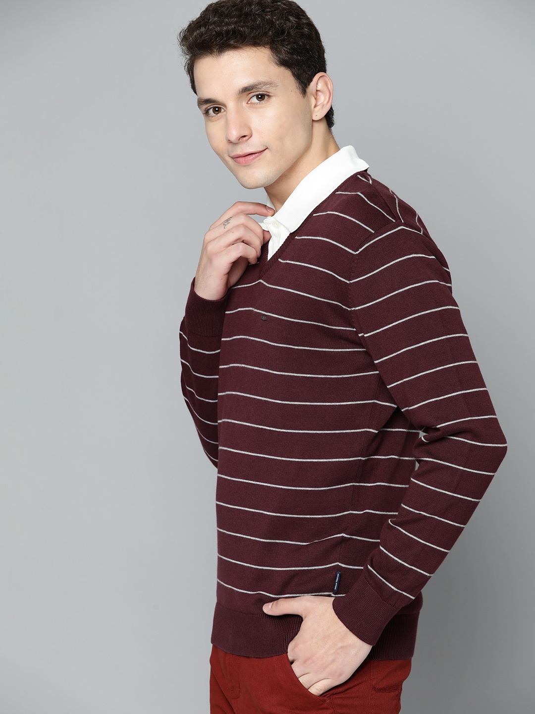 Indian Terrain Men Burgundy & White Pure Cotton Striped Pullover
