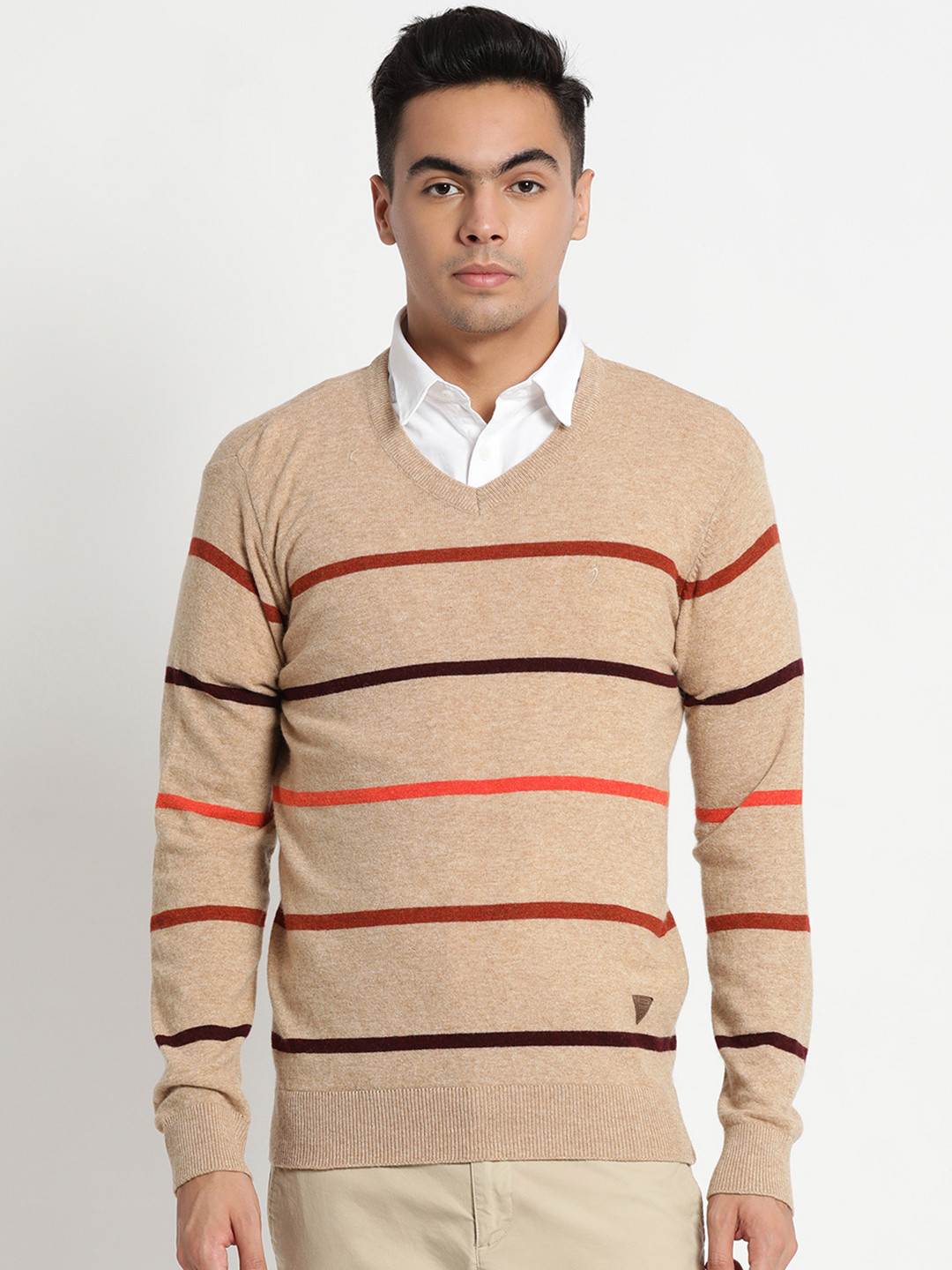 

Indian Terrain Men Beige & Red Striped Sweater