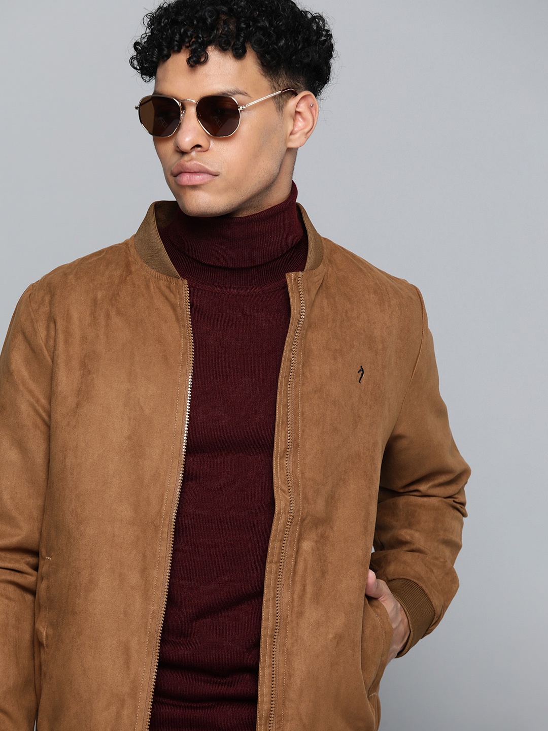 

Indian Terrain Men Brown Solid Suede Bomber Jacket