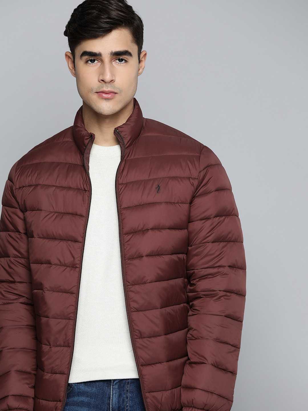 

Indian Terrain Men Burgundy Solid Mock Collar Puffer Jacket