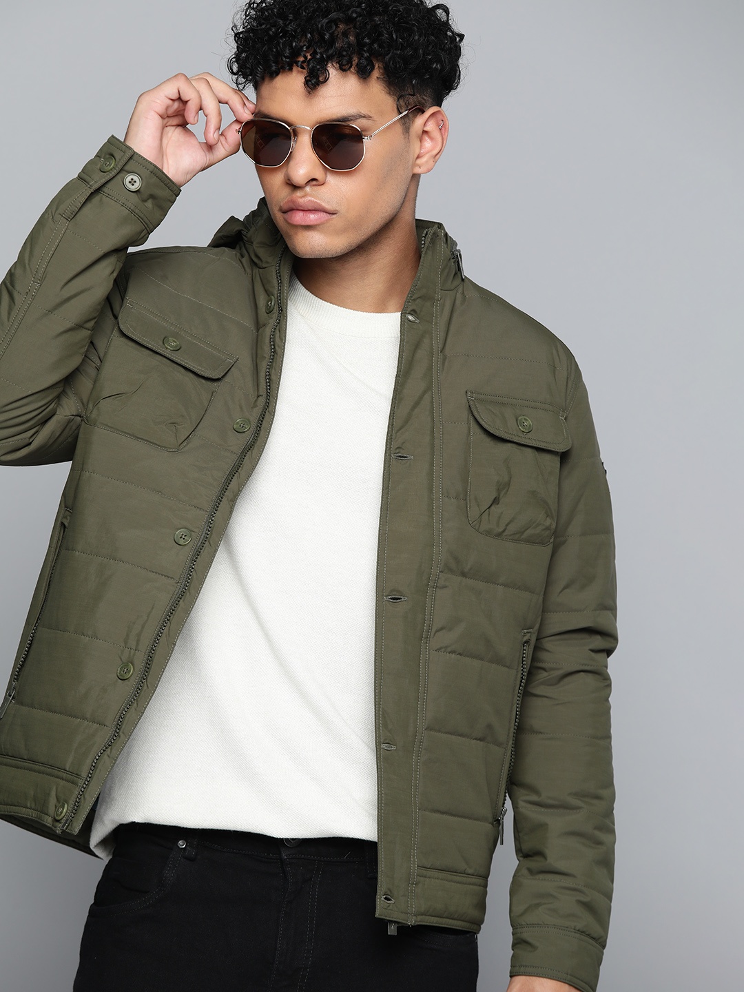 

Indian Terrain Olive Green Solid Quilted Jacket