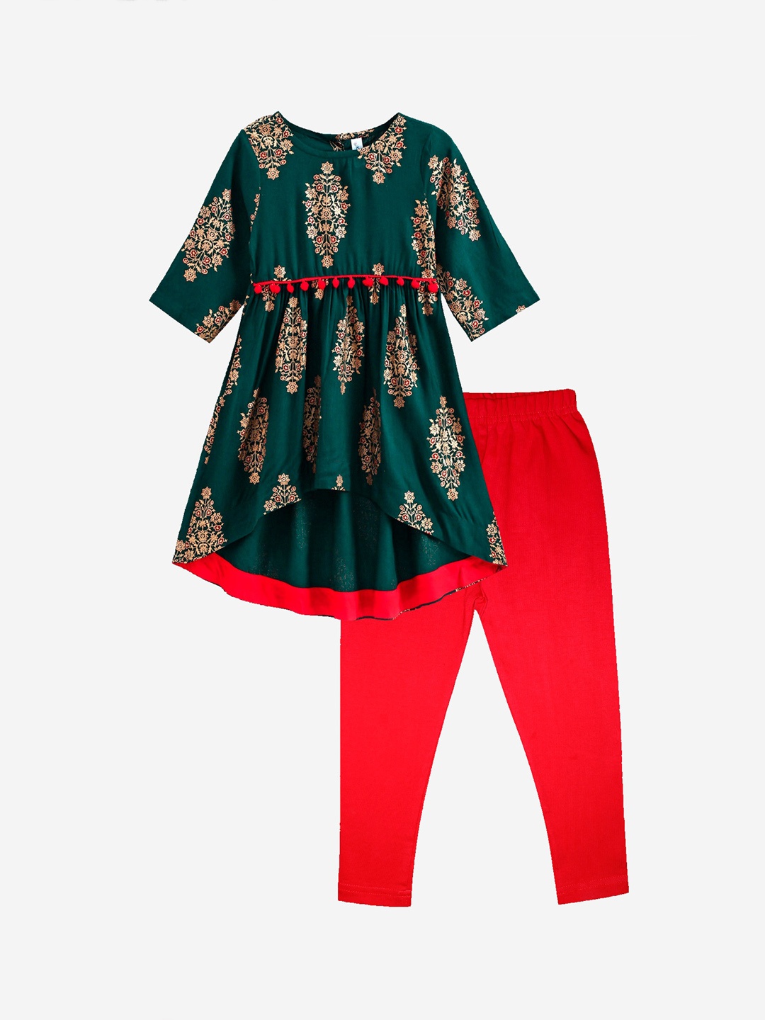 

KiddoPanti Girls Green & Red Ethnic Motifs Printed Empire Kurta with Trousers