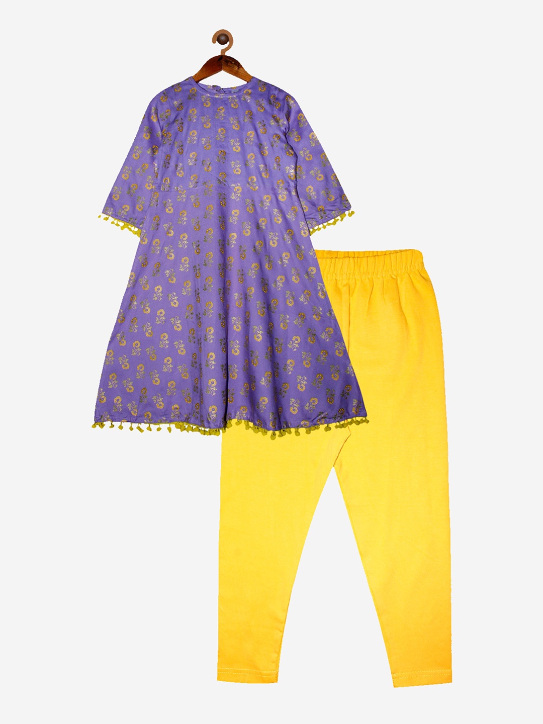 

KiddoPanti Girls Purple & Yellow Floral Printed Pleated Kurti with Trousers
