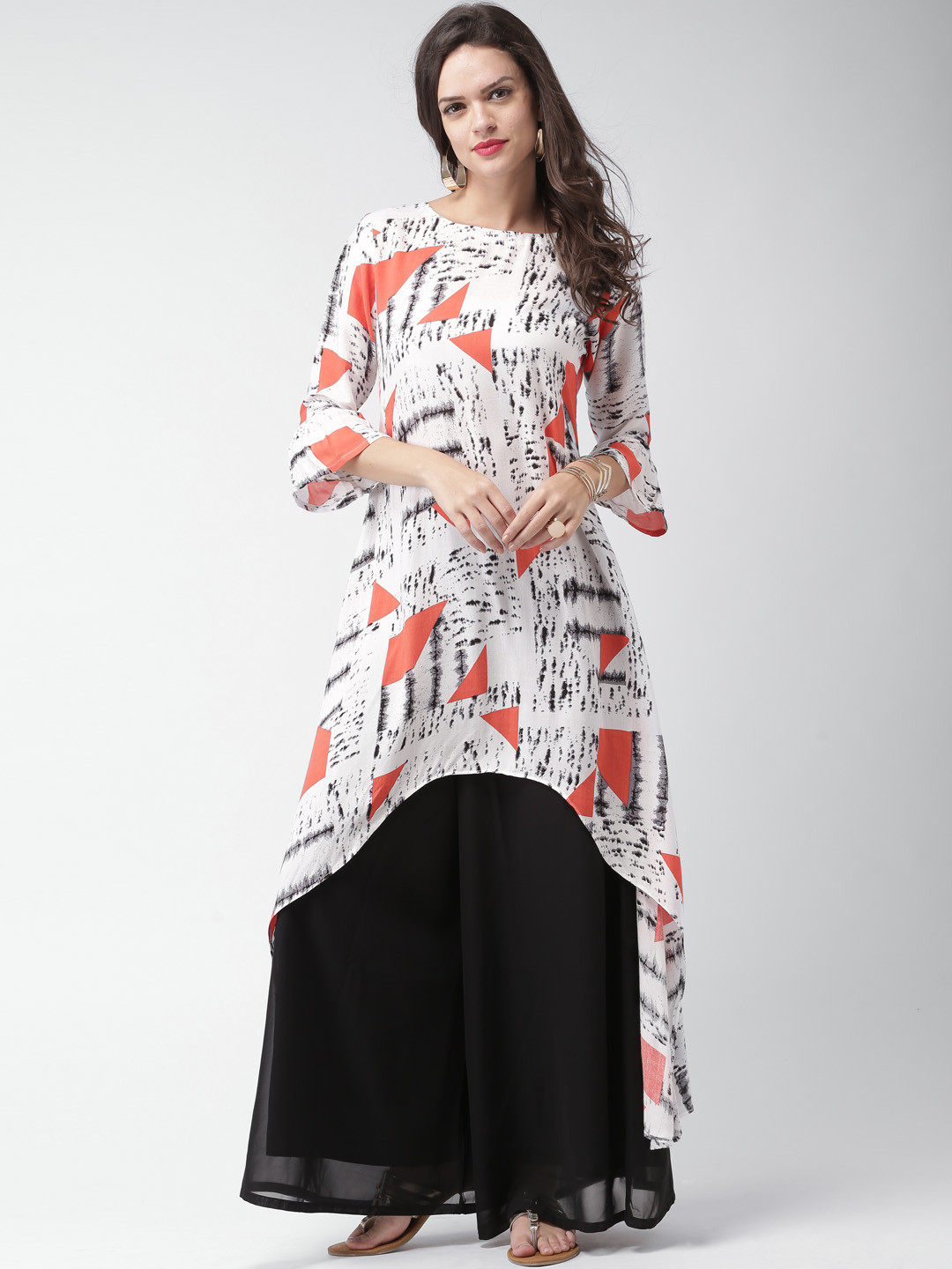 

GERUA Women White & Orange Printed High-Low A-Line Kurta