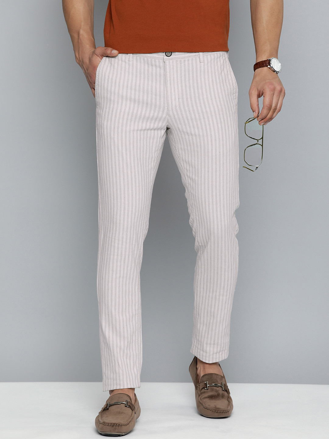 

Indian Terrain Men Cotton Linen Striped Brooklyn Slim Fit Smart Casual Trousers, Taupe
