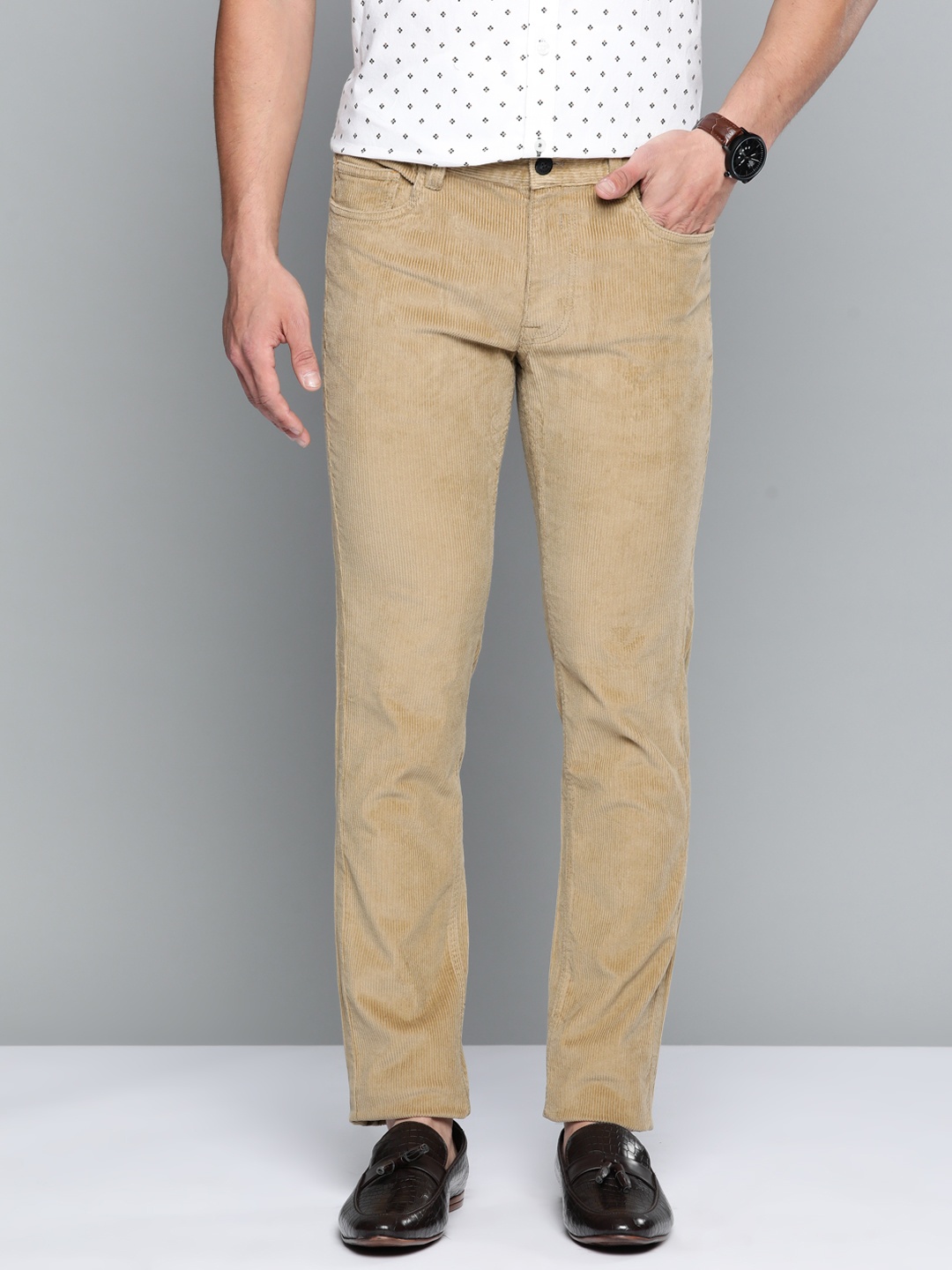 

Indian Terrain Men Beige Corduroy Brooklyn Slim Fit Trousers