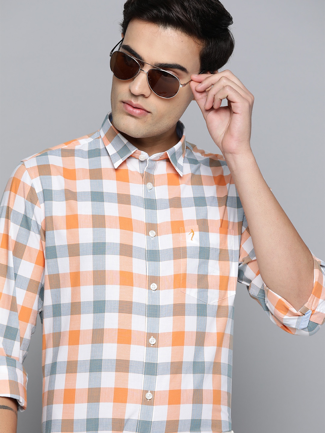 

Indian Terrain Checked Slim Fit Pure Cotton Casual Shirt, Orange