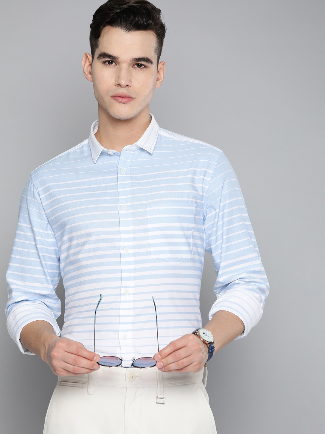 

Indian Terrain Pure Cotton Slim Fit Horizontal Stripes Casual Shirt, Blue