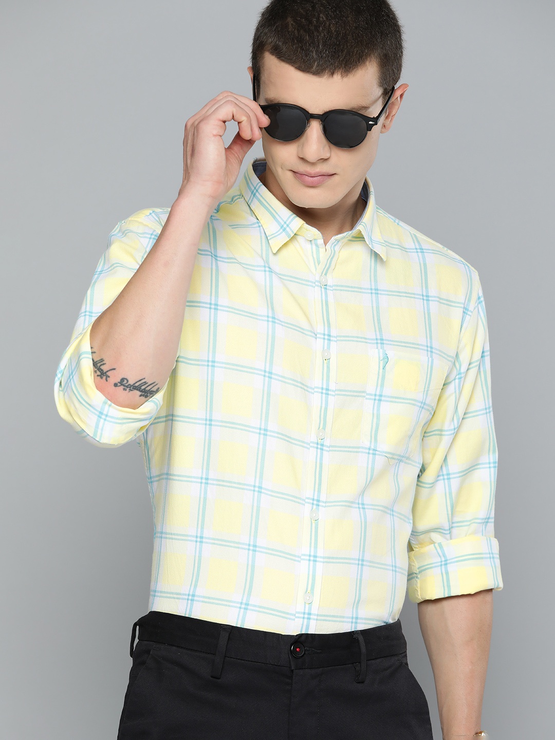 

Indian Terrain Pure Cotton Slim Fit Checked Smart Casual Shirt, Yellow