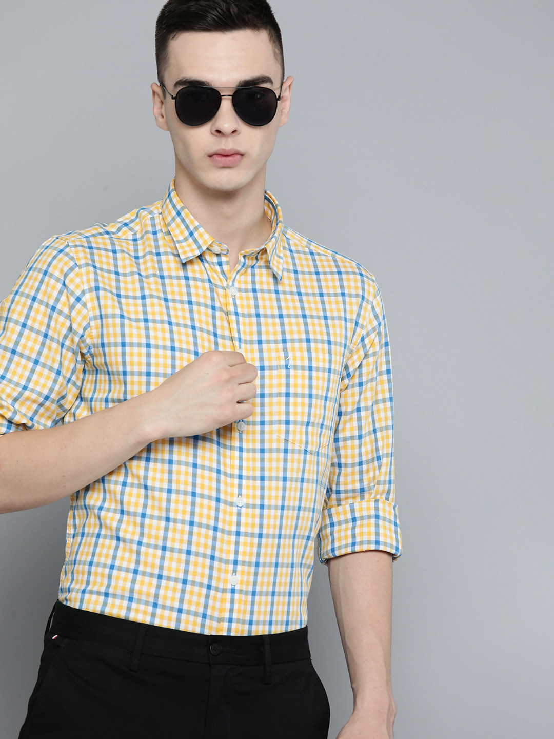 

Indian Terrain Slim Fit Checked Cotton Semiformal Shirt, Yellow