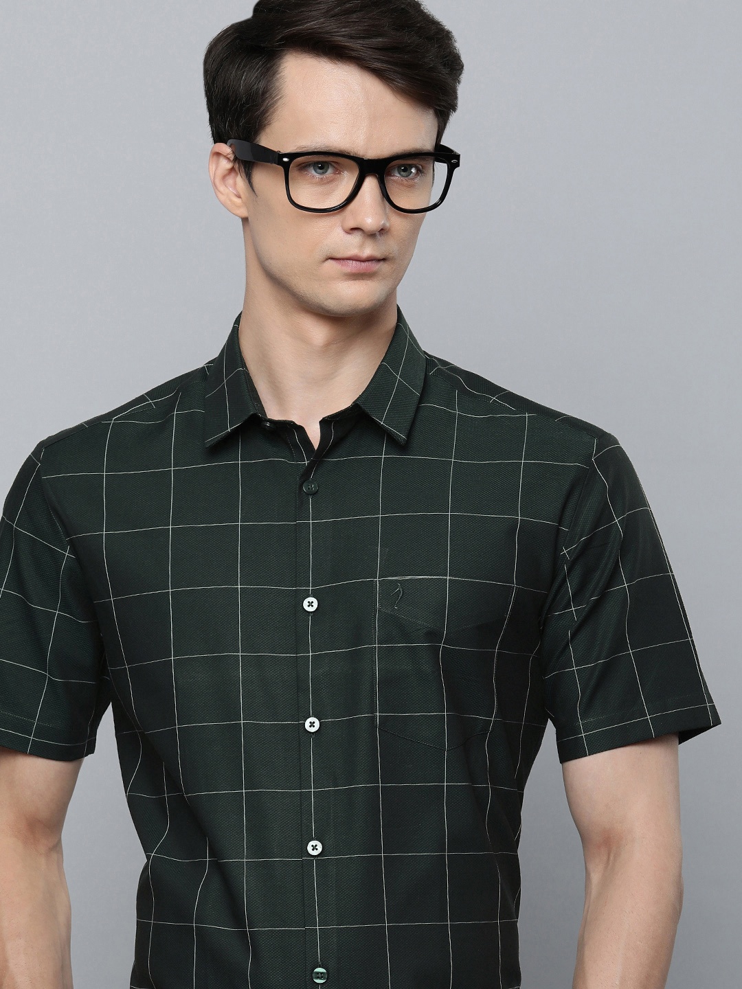 

Indian Terrain Slim Fit Windowpane Checked Pure Cotton Semiformal Shirt, Green