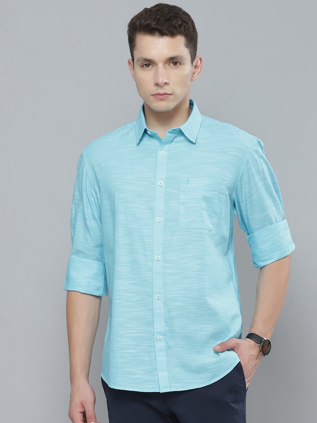 

Indian Terrain Men Blue Pure Cotton Solid Slim Fit Casual Shirt