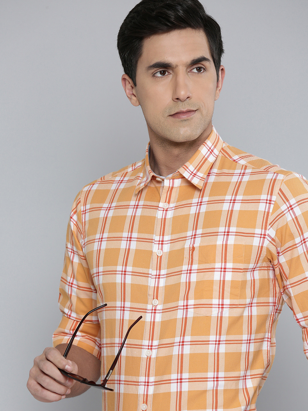 

Indian Terrain Pure Cotton Slim Fit Tartan Checked Semiformal Shirt, Orange