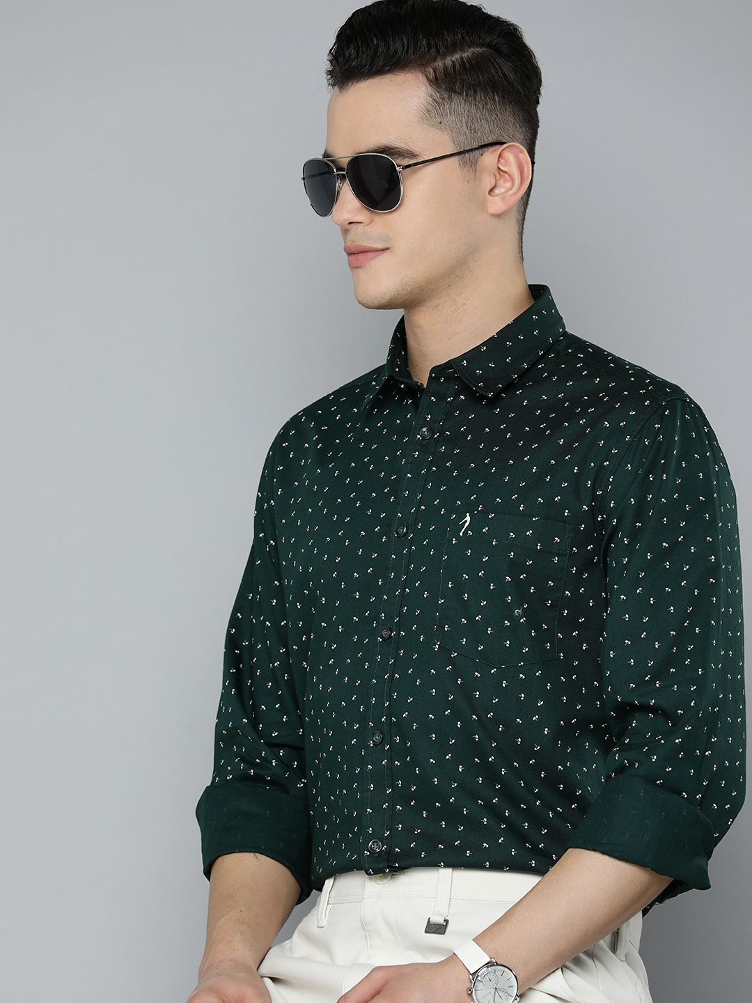 

Indian Terrain Slim Fit Micro Floral Printed Cotton Semiformal Shirt, Green