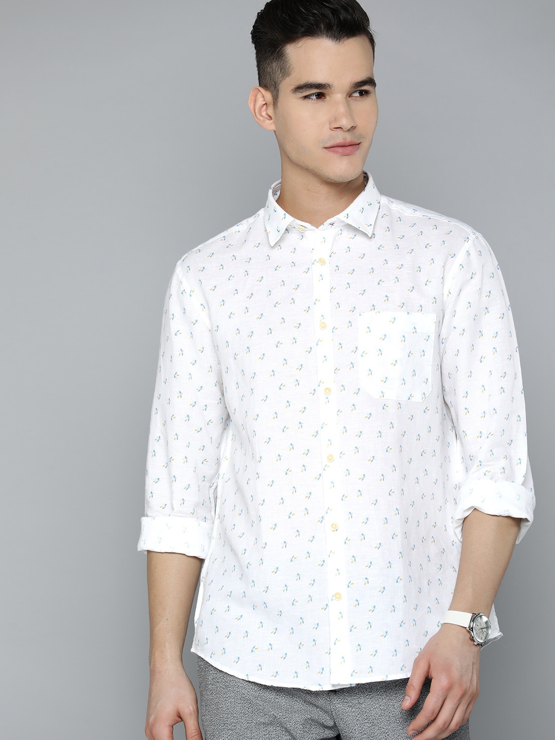 

Indian Terrain Linen Cotton Slim Fit Floral Print Casual Shirt, White