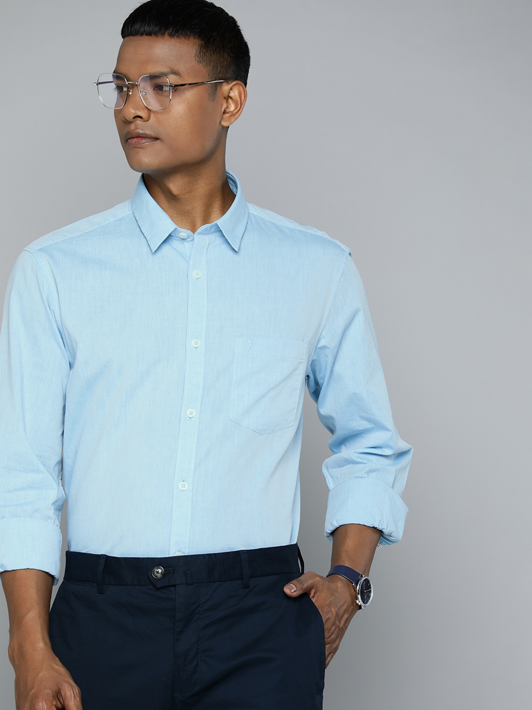 

Indian Terrain Pure Cotton Slim Fit Semiformal Shirt, Blue