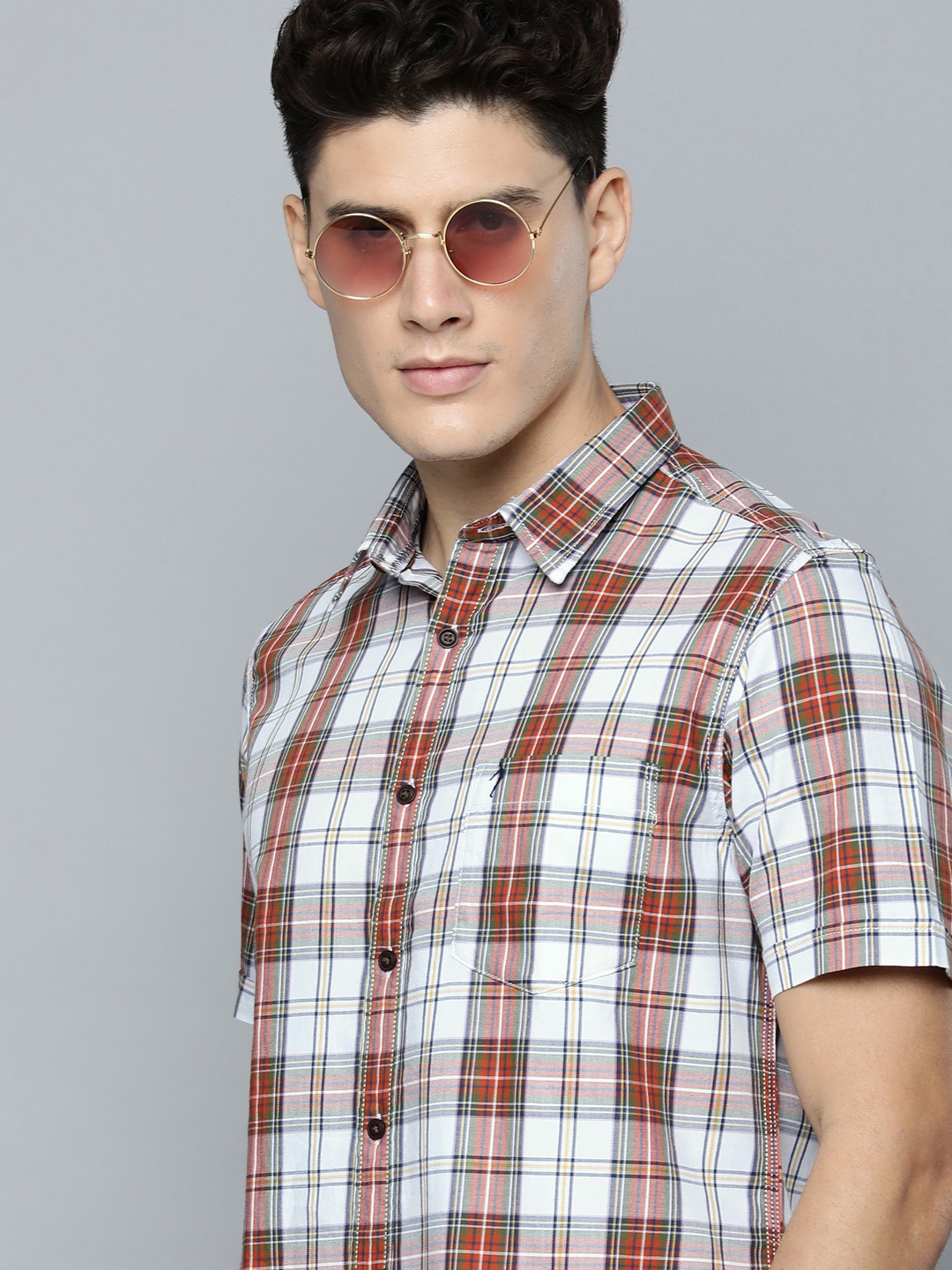 

Indian Terrain Men Slim Fit Tartan Checks Organic Cotton Casual Shirt, White