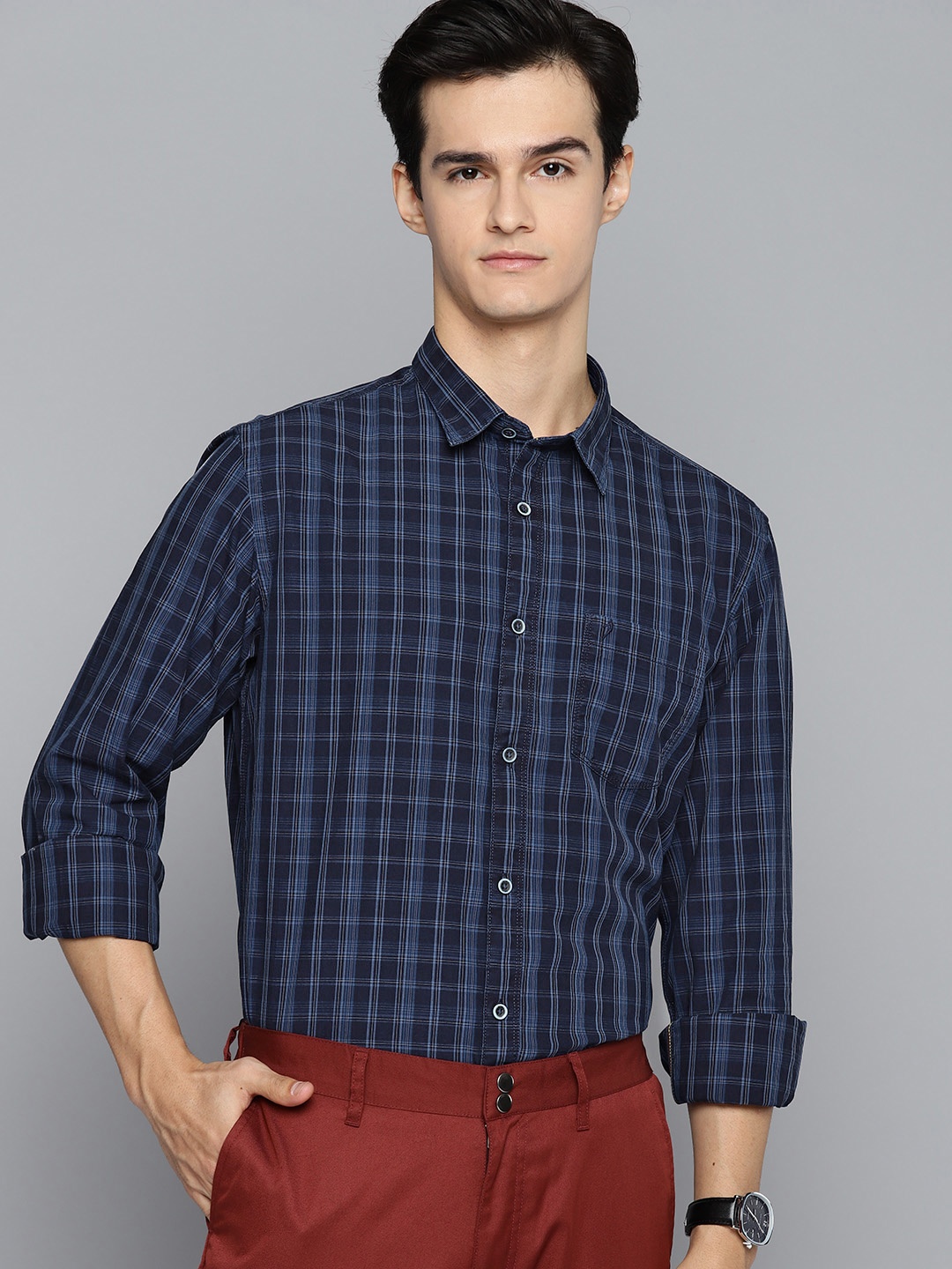 

Indian Terrain Pure Cotton Slim Fit Tartan Checks Opaque Semiformal Shirt, Navy blue