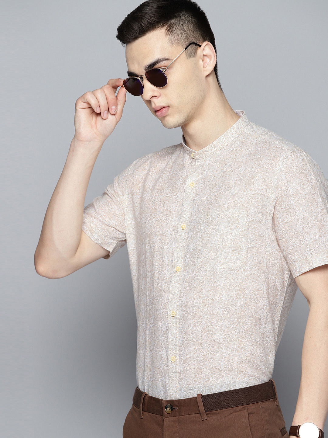 

Indian Terrain Linen Cotton Slim Fit Floral Opaque Printed Semiformal Shirt, Beige
