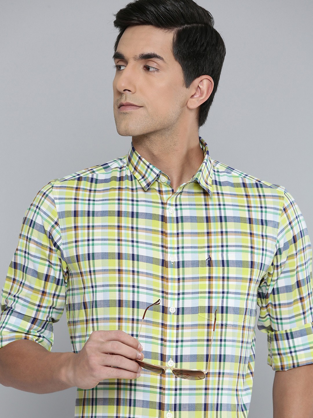 

Indian Terrain Slim Fit Checked Semiformal Shirt, Yellow