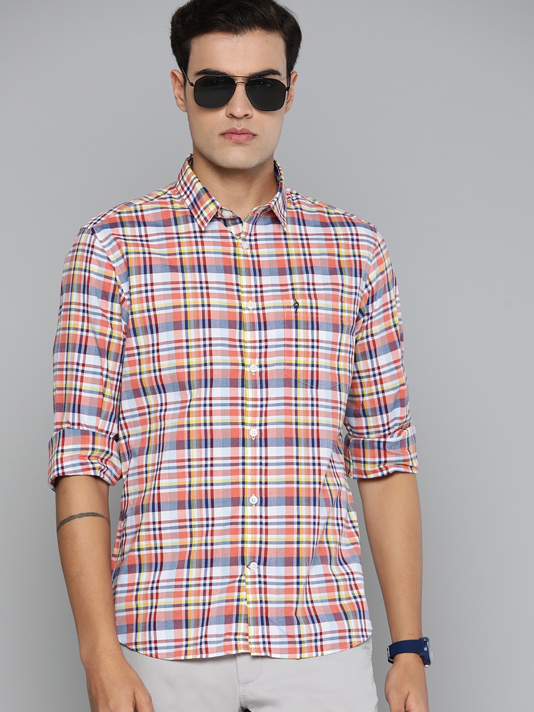 

Indian Terrain Pure Cotton Slim Fit Checked Casual Shirt, Orange