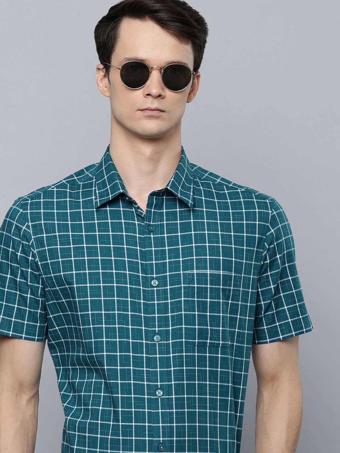 

Indian Terrain Checked Slim Fit Pure Cotton Shirt, Teal