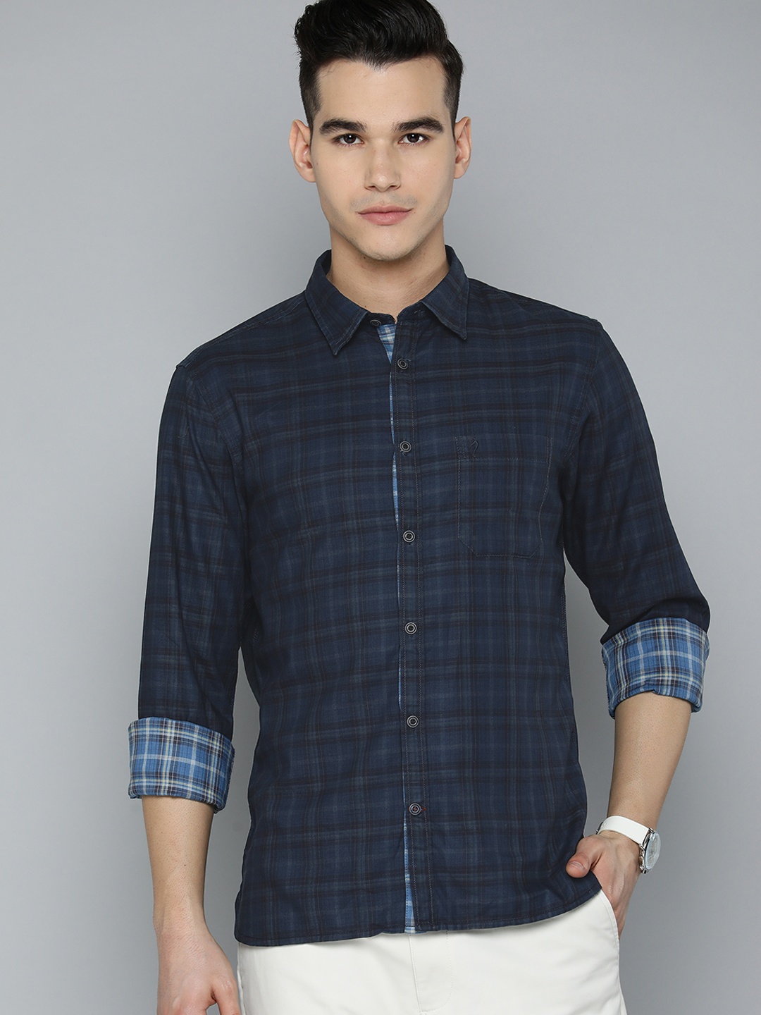 

Indian Terrain Tartan Checked Chiseled Fit Pure Cotton Casual Shirt, Navy blue