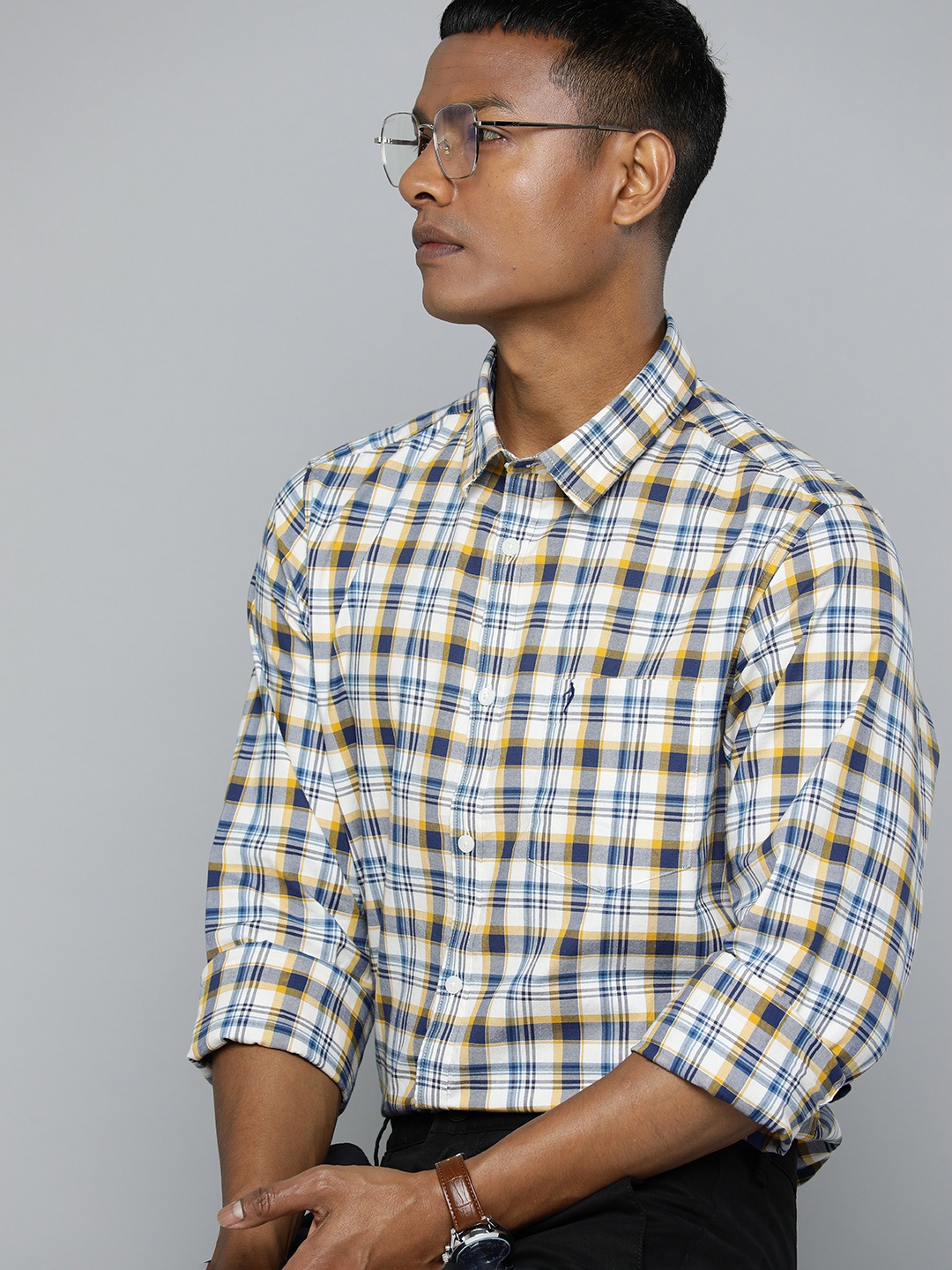 

Indian Terrain Pure Cotton Slim Fit Tartan Checked Smart Casual Shirt, Navy blue