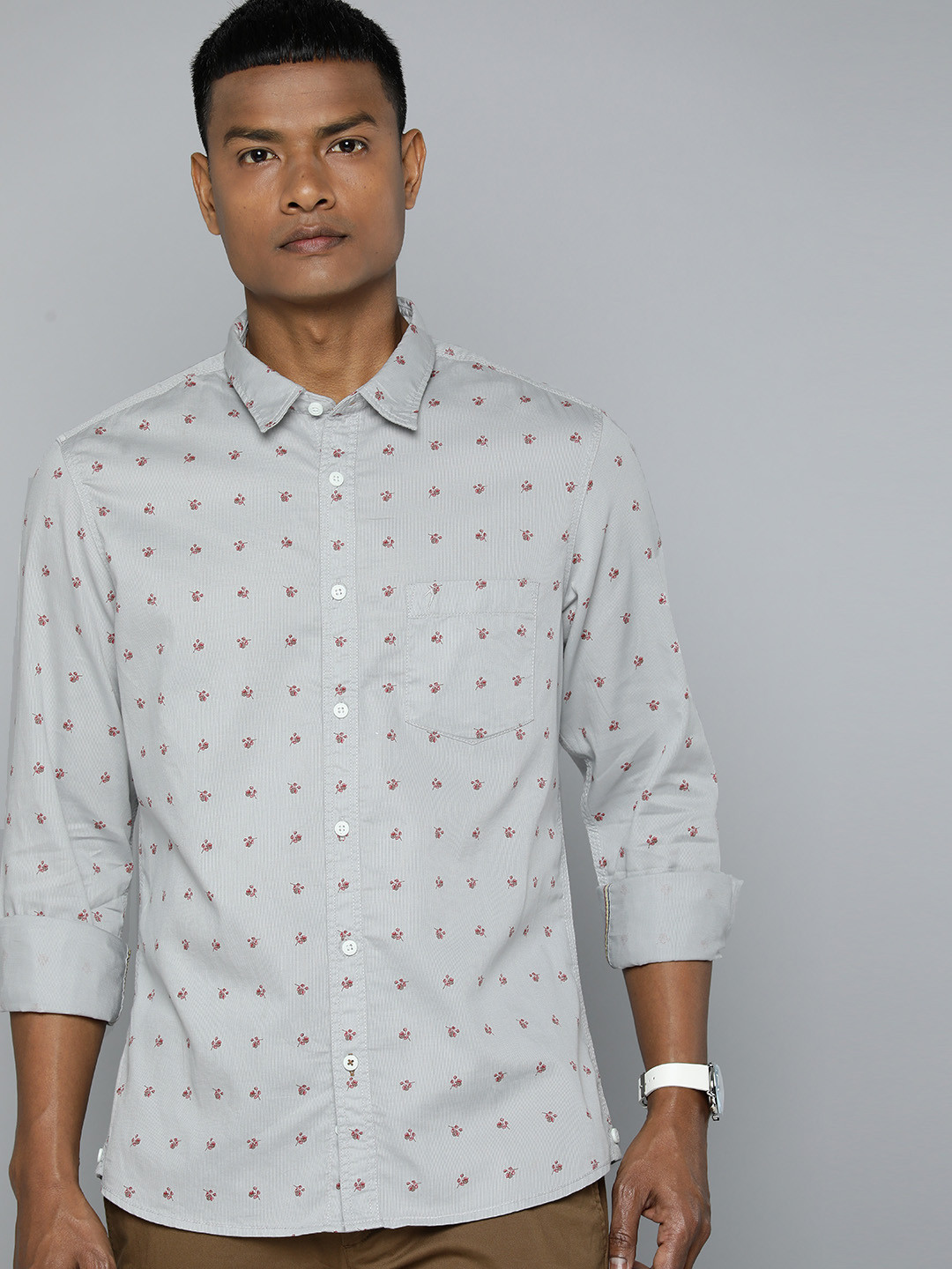 

Indian Terrain Pure Cotton Slim Fit Floral Printed Casual Shirt, Grey