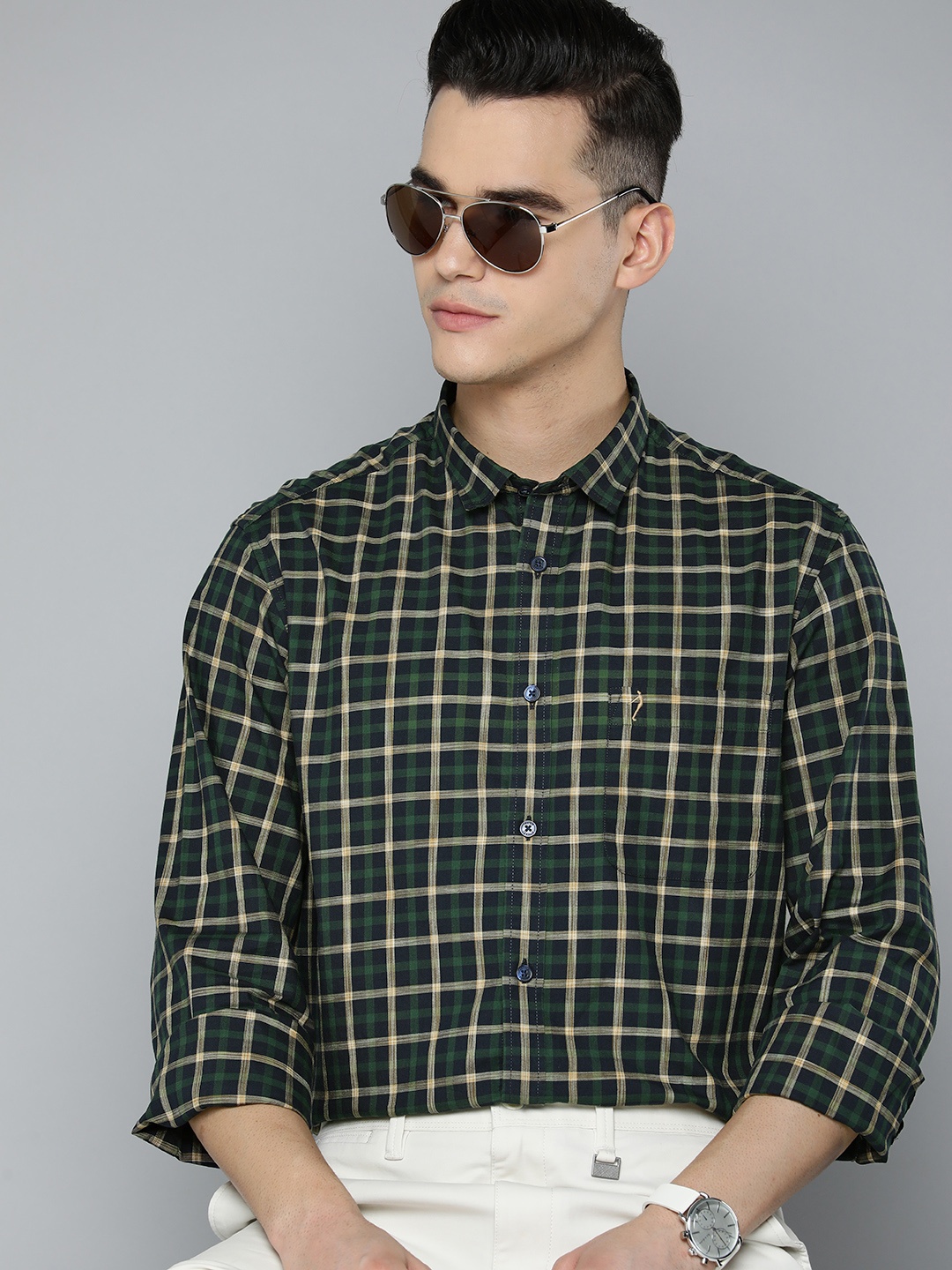 

Indian Terrain Tartan Checked Slim Fit Pure Cotton Semiformal Shirt, Navy blue