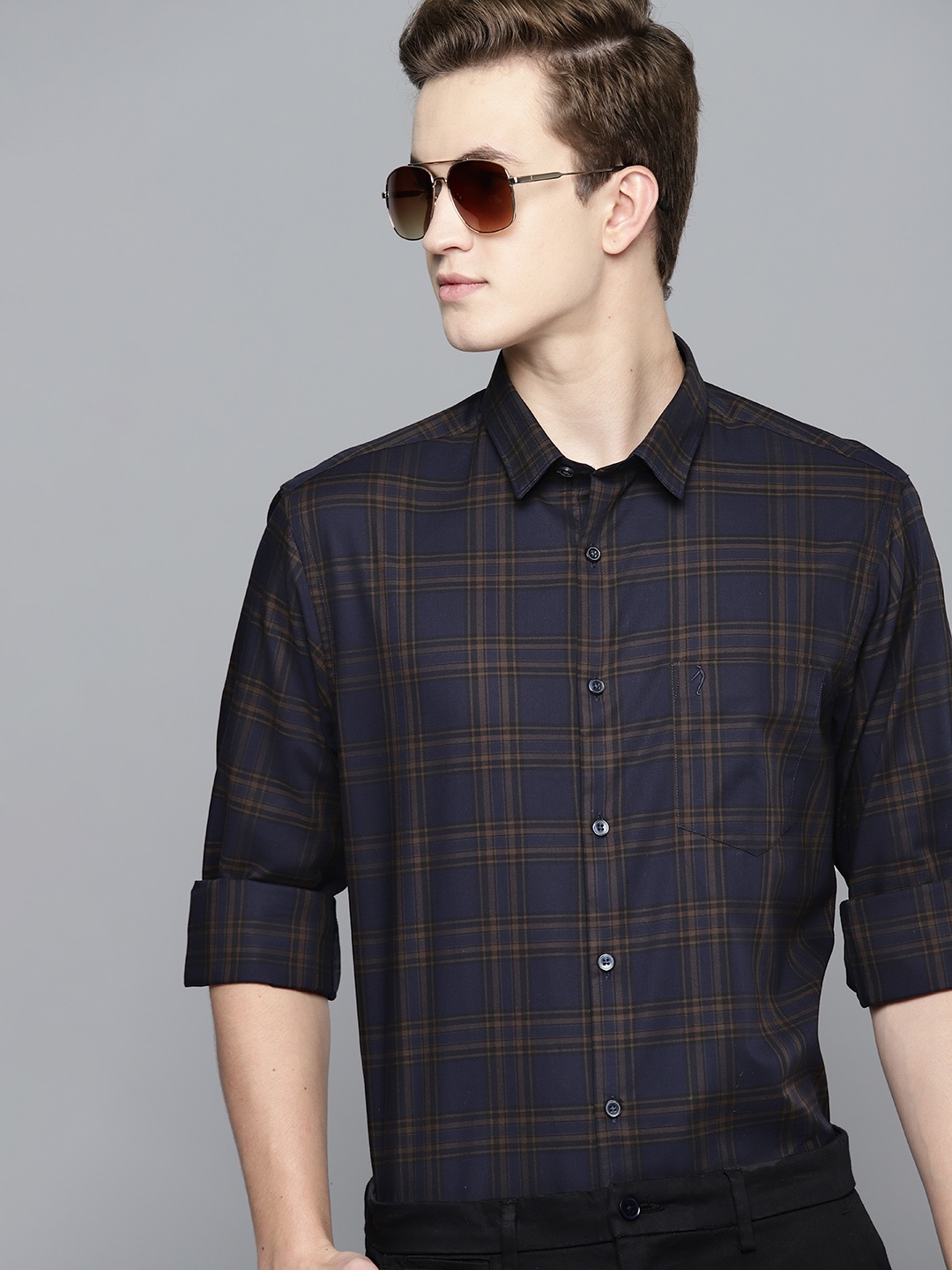 

Indian Terrain Slim Fit Tartan Checks Cotton Semiformal Shirt, Blue