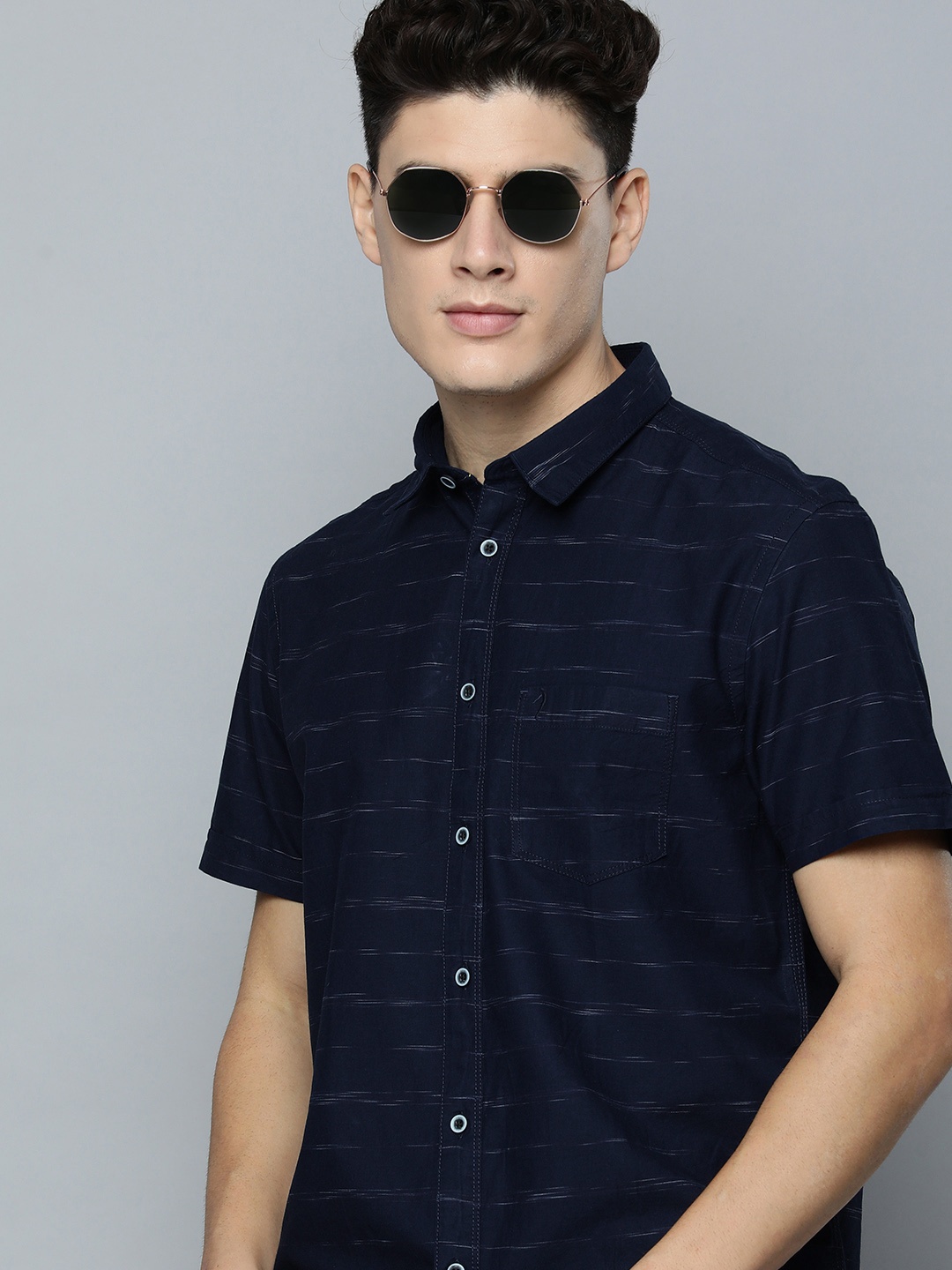 

Indian Terrain Slim Fit Striped Cotton Shirt, Navy blue