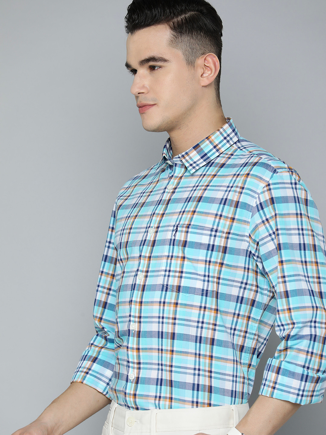 

Indian Terrain Pure Cotton Slim Fit Tartan Checked Semiformal Shirt, Blue