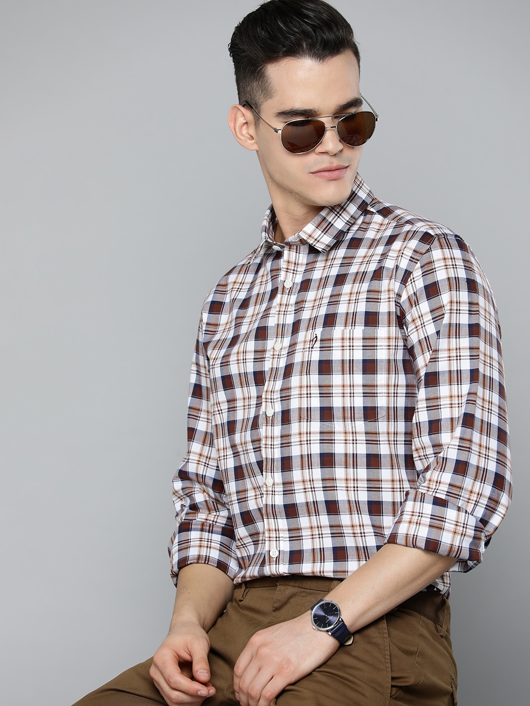 

Indian Terrain Men Pure Cotton Slim Fit Tartan Checks Smart Casual Shirt, Brown