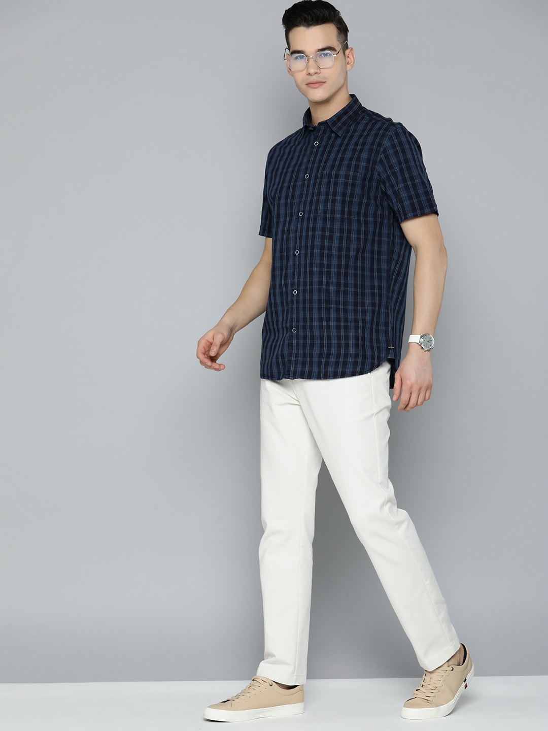 

Indian Terrain Tartan Checked Slim Fit Pure Cotton Casual Shirt, Navy blue