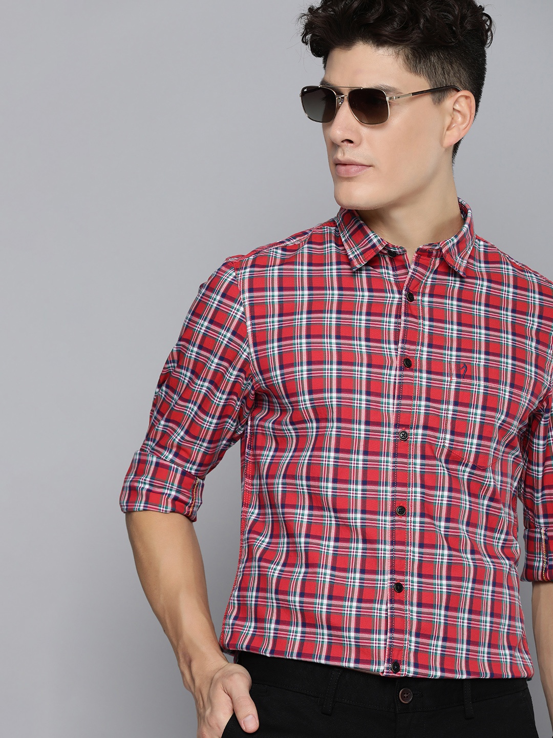 

Indian Terrain Chiseled Slim Fit Checked Pure Cotton Casual Shirt, Red