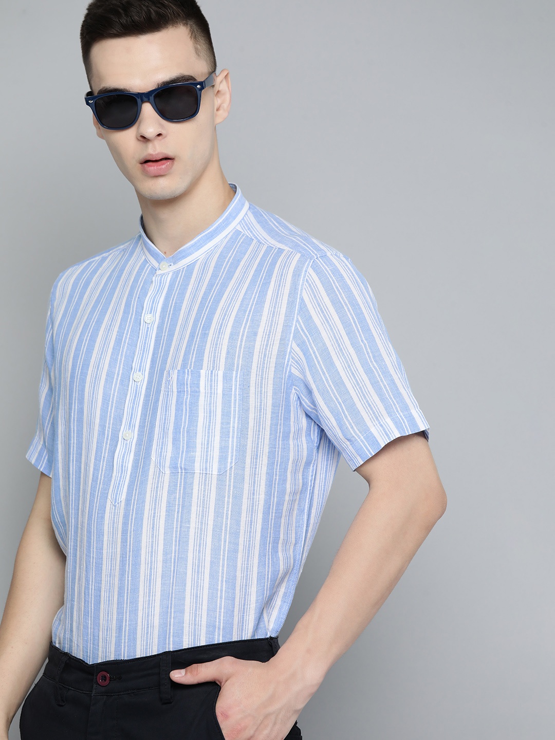 

Indian Terrain Men Linen Slim Fit Striped Semiformal Shirt, Blue