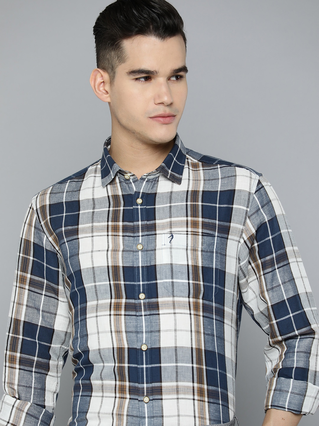 

Indian Terrain Pure Cotton Slim Fit Tartan Checked Semiformal Shirt, Navy blue