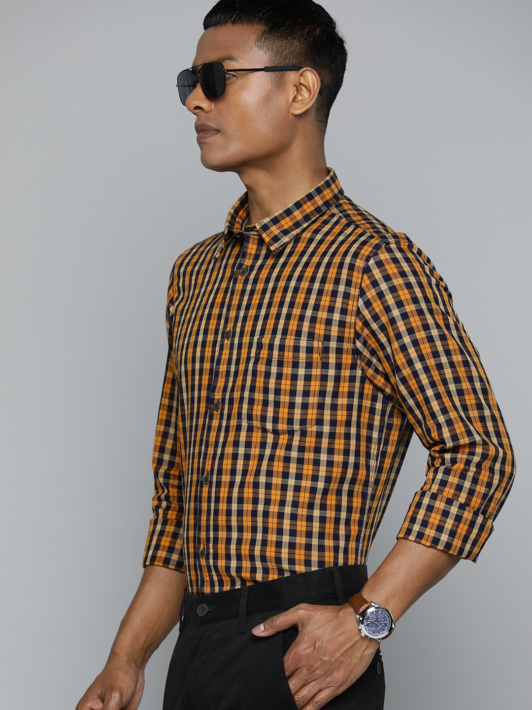

Indian Terrain Slim Fit Tartan Checked Pure Cotton Casual Shirt, Orange