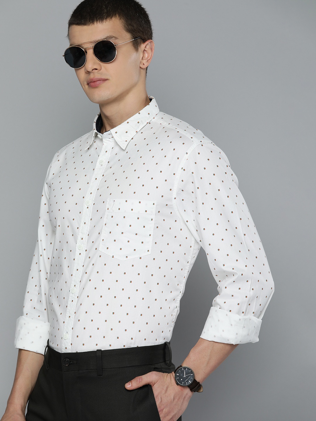 

Indian Terrain Pure Cotton Slim Fit Micro-Print Shirt, White